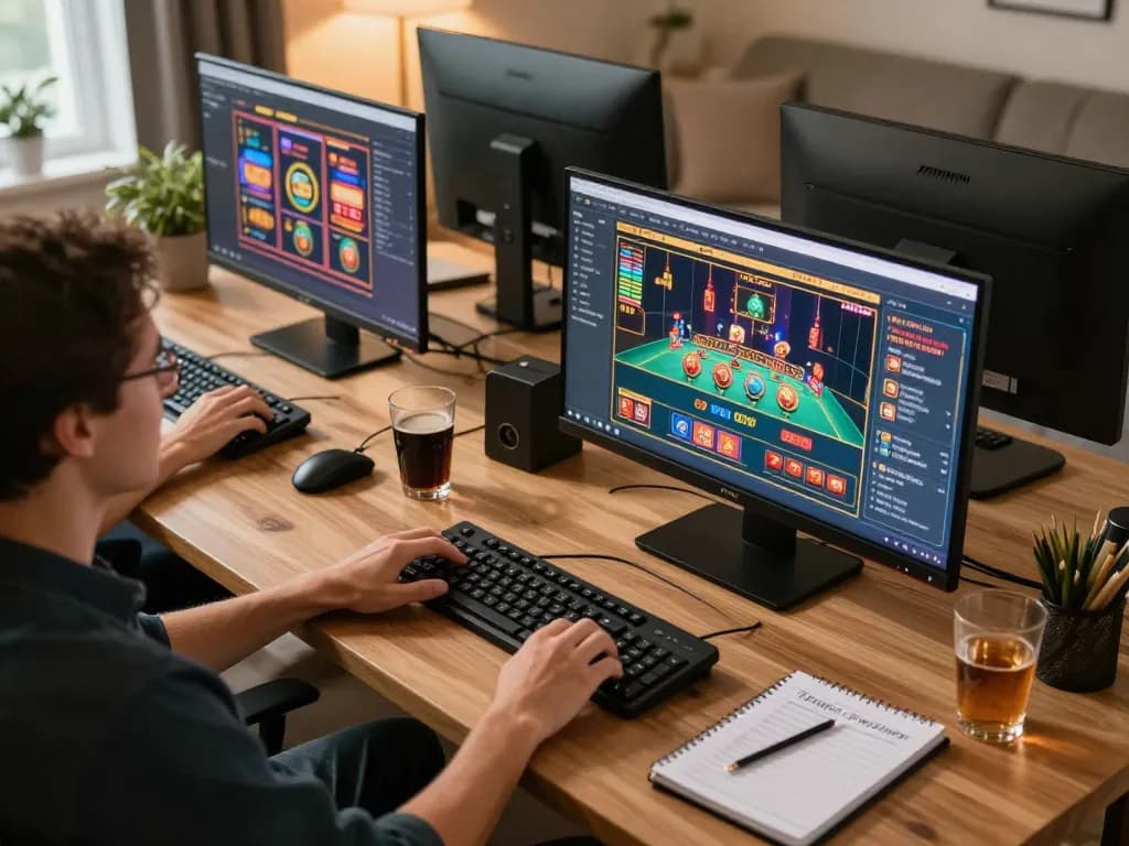Track-courier during an interactive online gaming session at home with various casino games displayed.