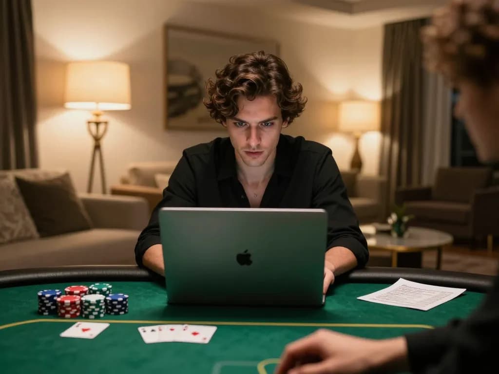 Tg88 player strategizing poker wins at home, showcasing focused gameplay and bankroll management.