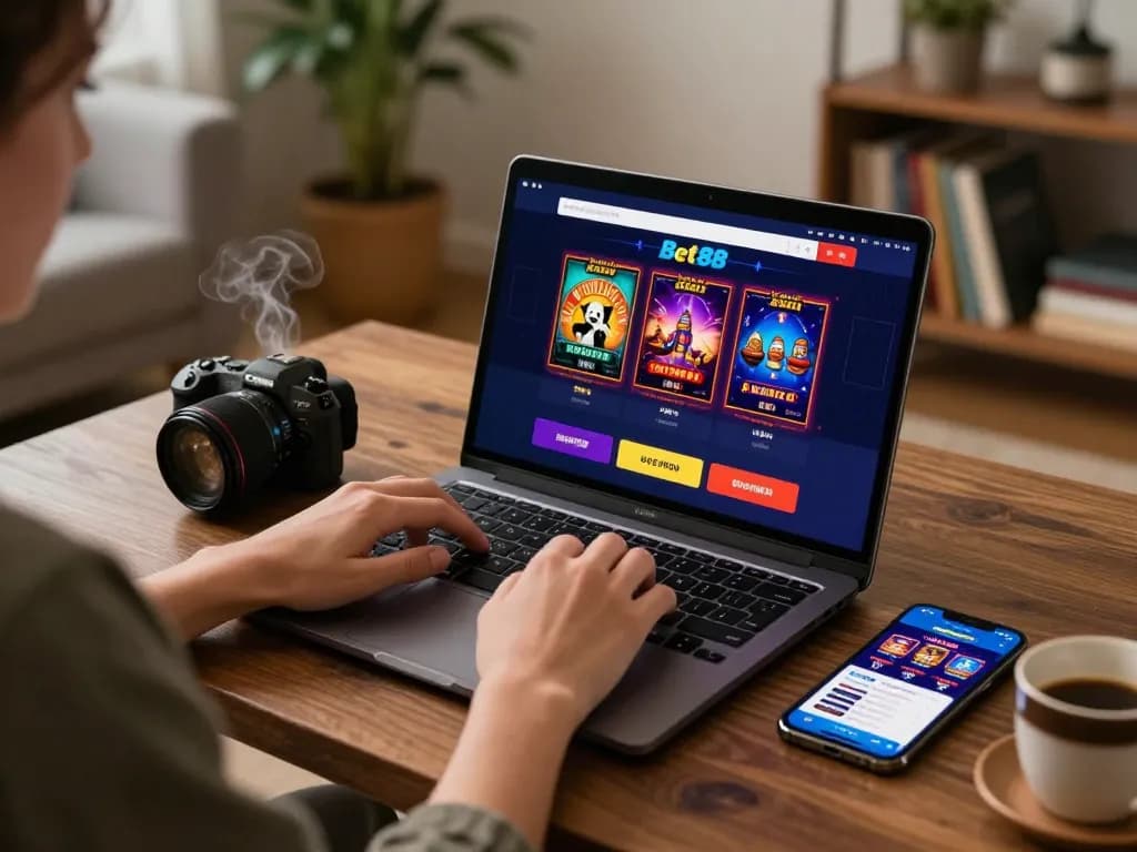 Bet88 player engaging with online games on a laptop in a cozy home setup, showcasing online gambling.