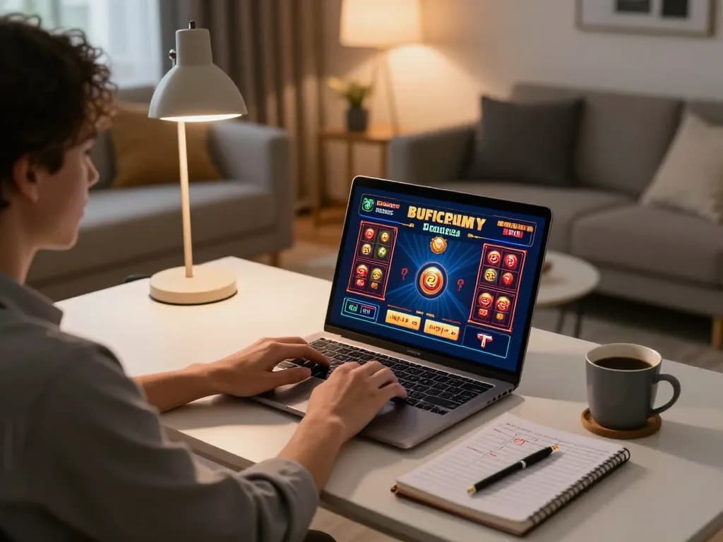 Engaged player using F168 online casino platform on laptop for strategic gambling.