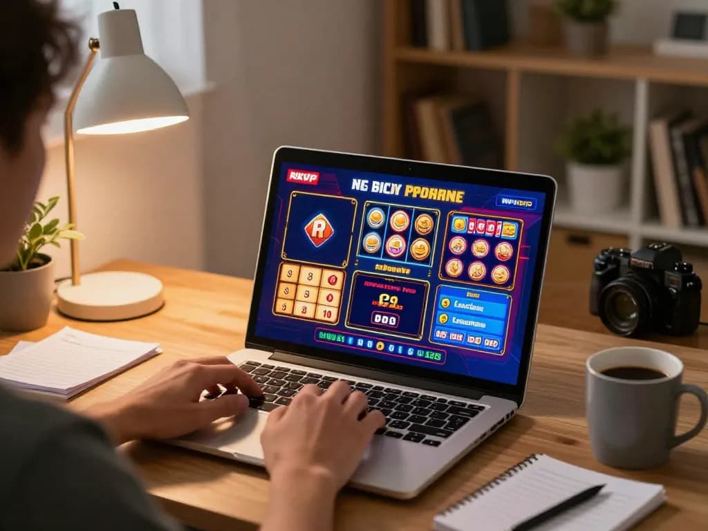 Playing RIKVIP on a laptop in a cozy home setup, showcasing various online casino games