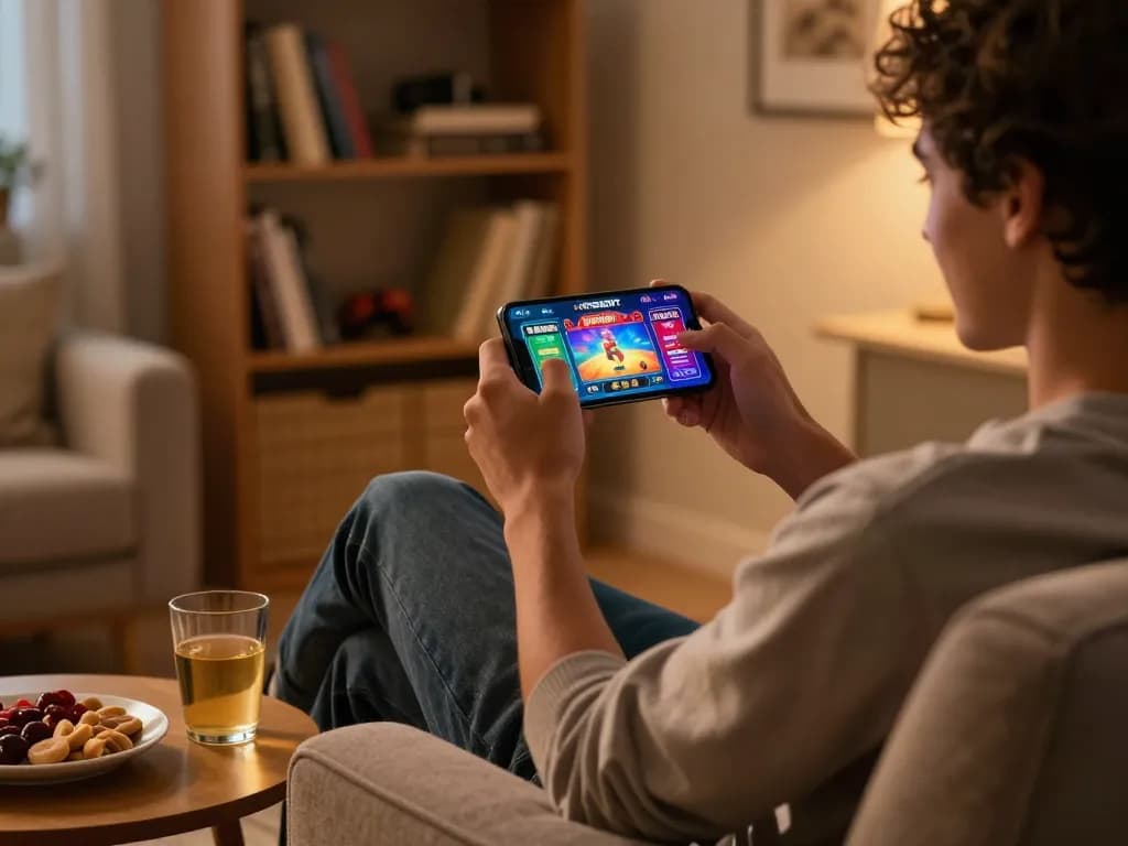 Enjoying online gaming on MPOSPORT app with engaging casino games in a cozy home setting