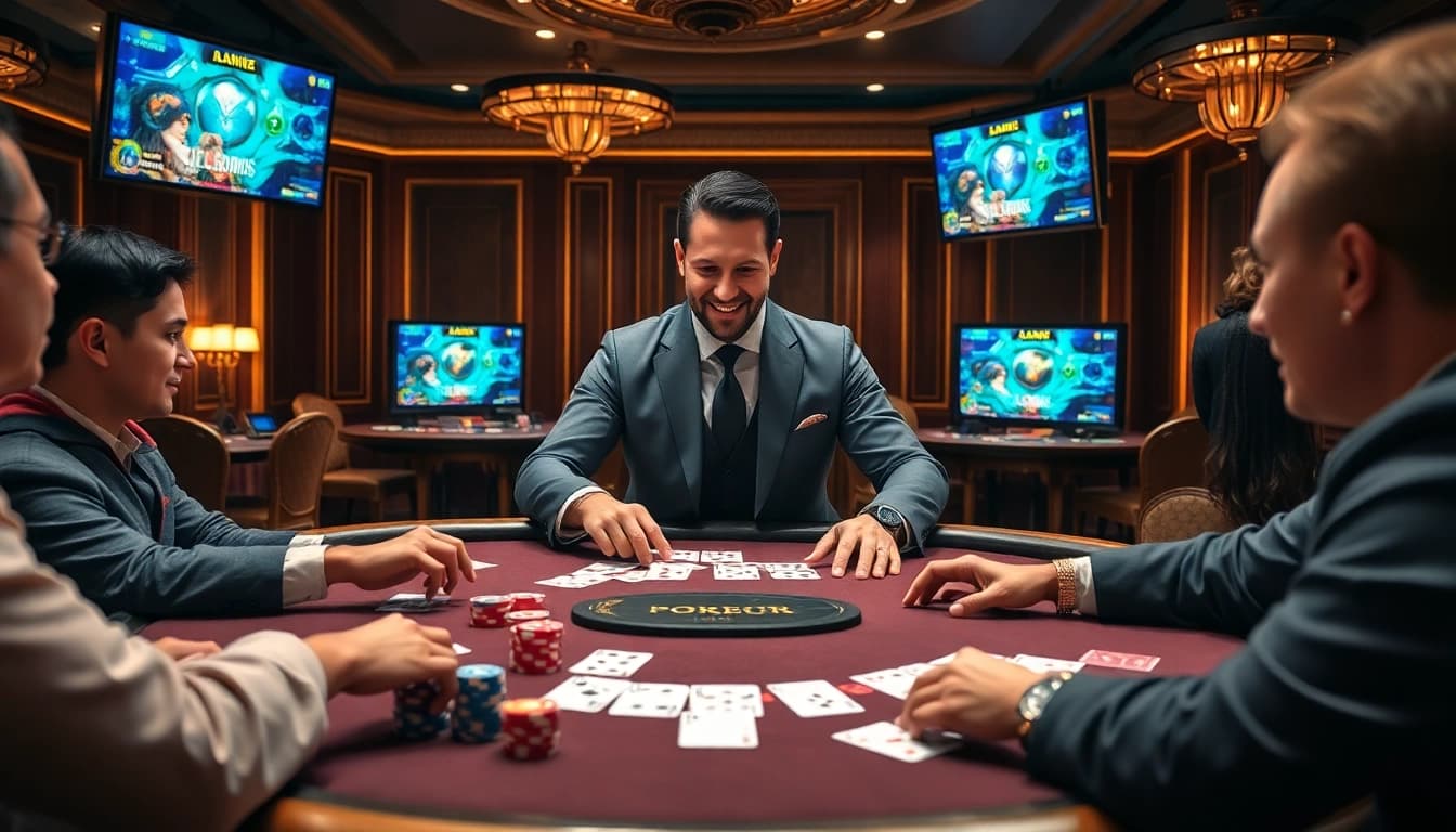 Experience the excitement of game bài đổi thưởng uy tín at a luxurious casino table with vibrant poker chips.
