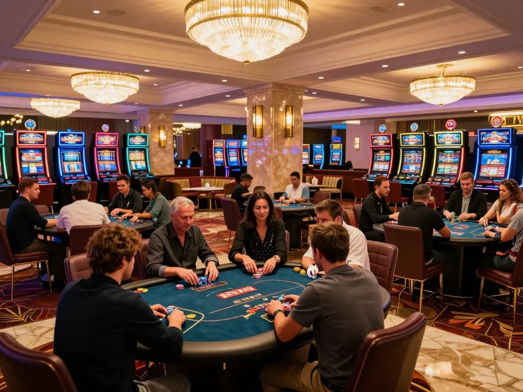 Experience thrilling gameplay at BL555 with players engaged at poker tables in a luxurious casino environment.