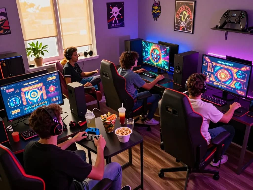 Engaging group of friends enjoying Barcaslot gaming session with vibrant visuals and snacks at https://blackmomsblog.com/about/.