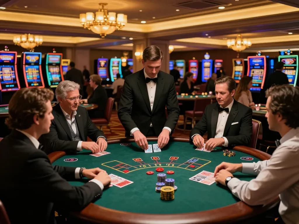 Players strategizing at a tg88 blackjack table in an upscale casino, dynamic atmosphere