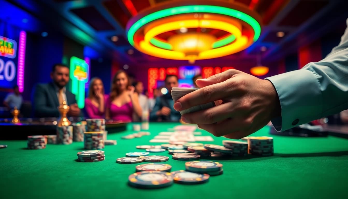 Experience the excitement of AT99 casino games with vibrant table settings and lively action.