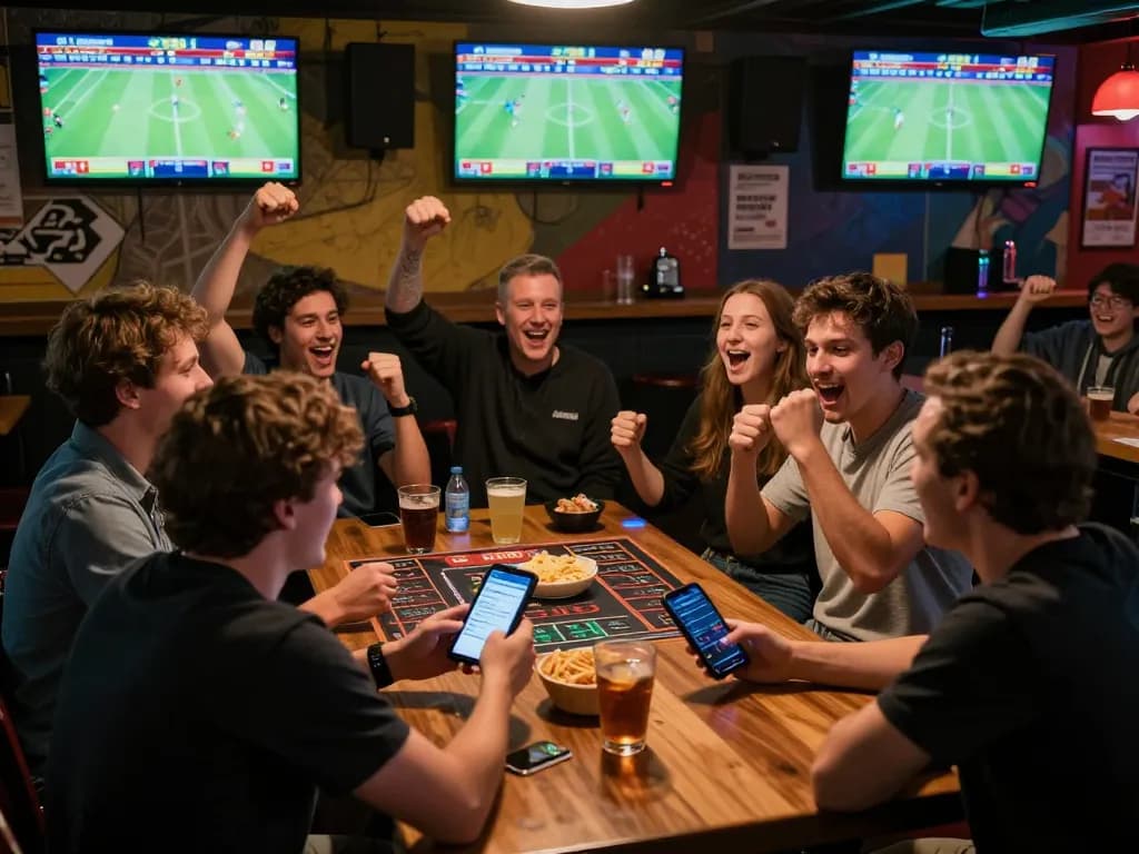 Bongdalu users placing bets on sports events in an energetic sports bar setting.