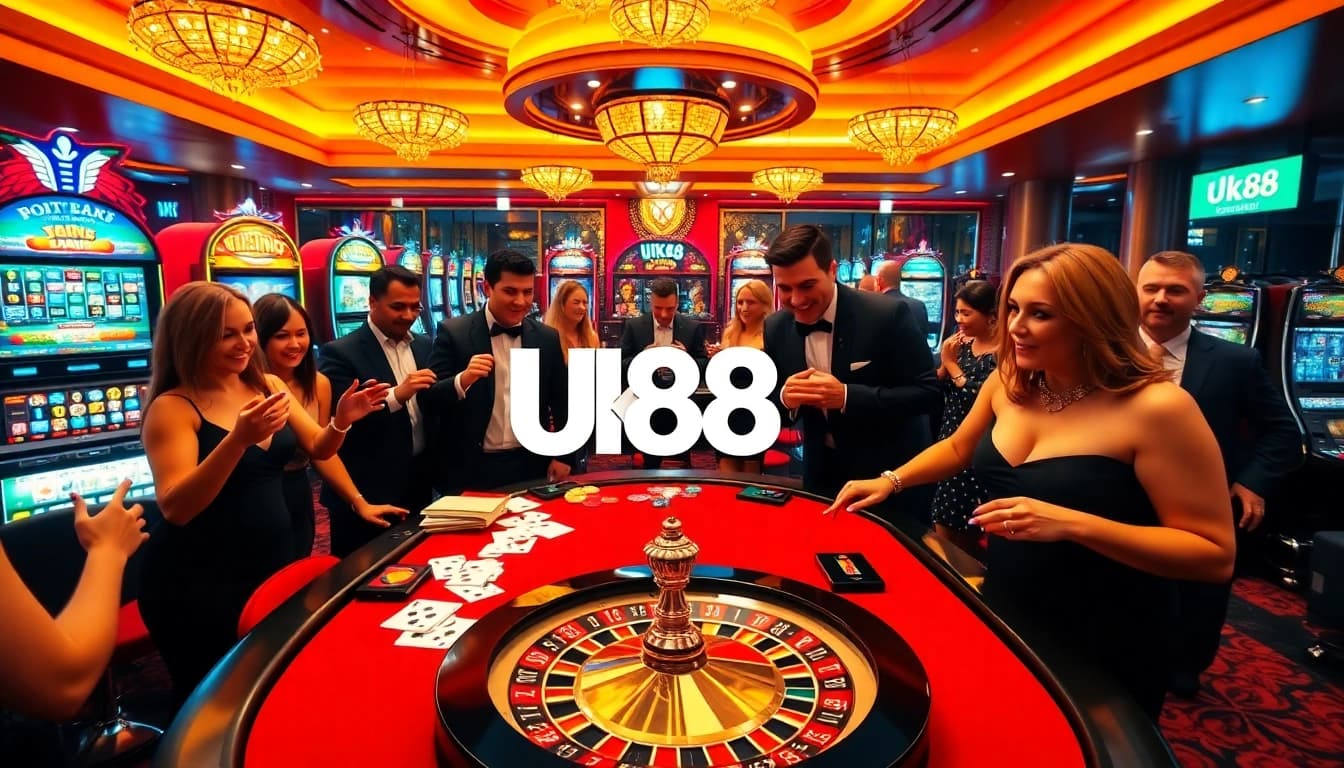 Players enjoying a lively game at UK88 casino table with cards and chips.