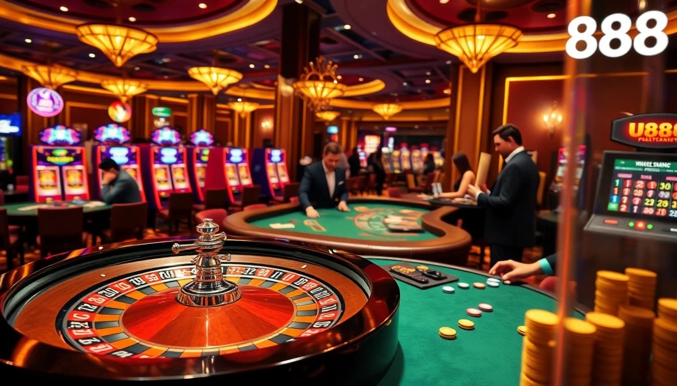 Engage in thrilling gameplay at U888's luxurious casino, featuring roulette, poker, and vibrant slot machines.