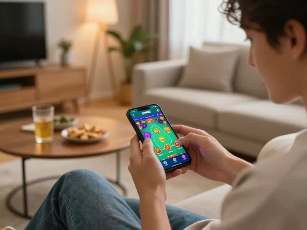 Player engrossed in go88 mobile gaming experience at home with vibrant casino graphics