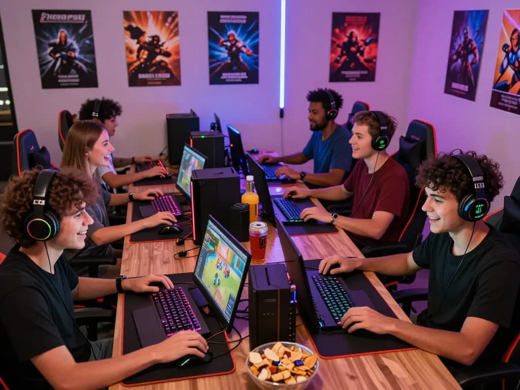Players enjoying foya888 gaming in a vibrant lounge setting with gaming gear.
