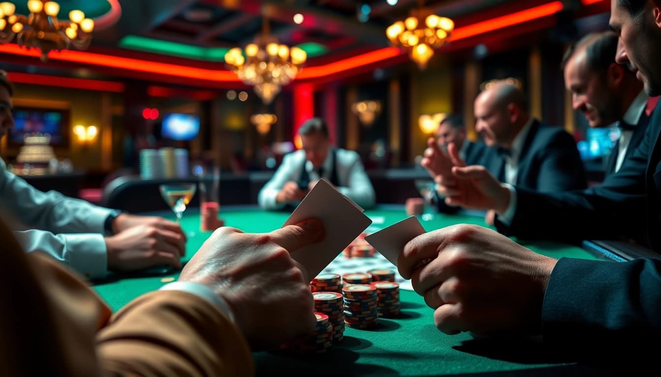 Engaged players at a poker table showcase their skills in a high-stakes 18vip casino setting.