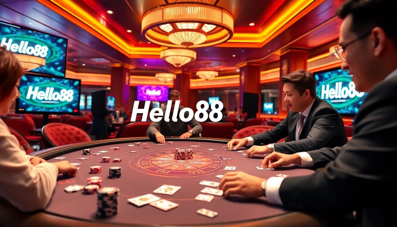 Hello88 brings excitement to online gambling with a vibrant poker scene capturing players engaged in intense action.