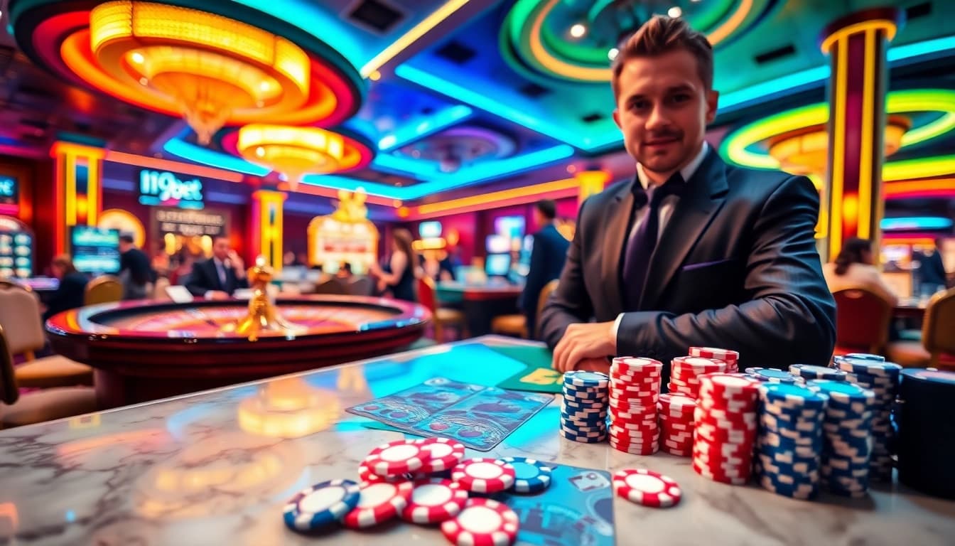 Experience excitement with i9bet's vibrant casino atmosphere featuring poker chips and roulette tables.
