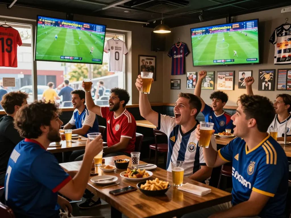 Fans celebrating together while watching live Nowgoal scores at a sports bar, vibrant football atmosphere.