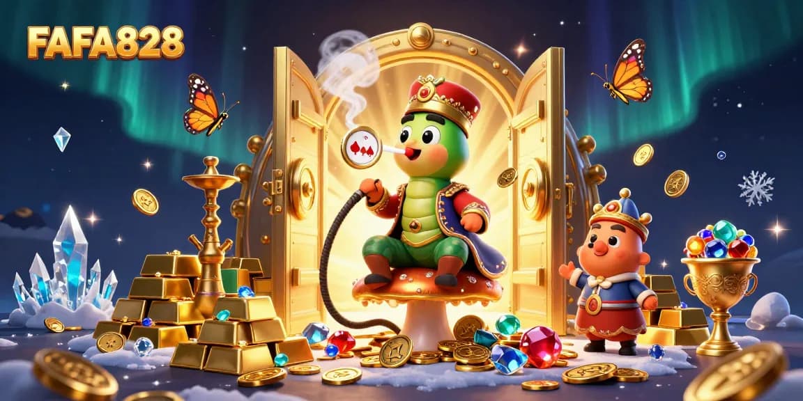 Experience FAFA828's unique casino atmosphere with a vibrant 3D illustration of a whimsical caterpillar and treasure elements.