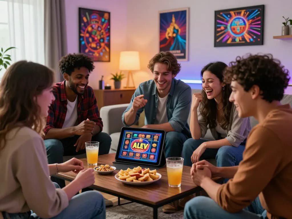 Alev Casino excitement as friends celebrate big wins while playing slots together in a cozy living room.