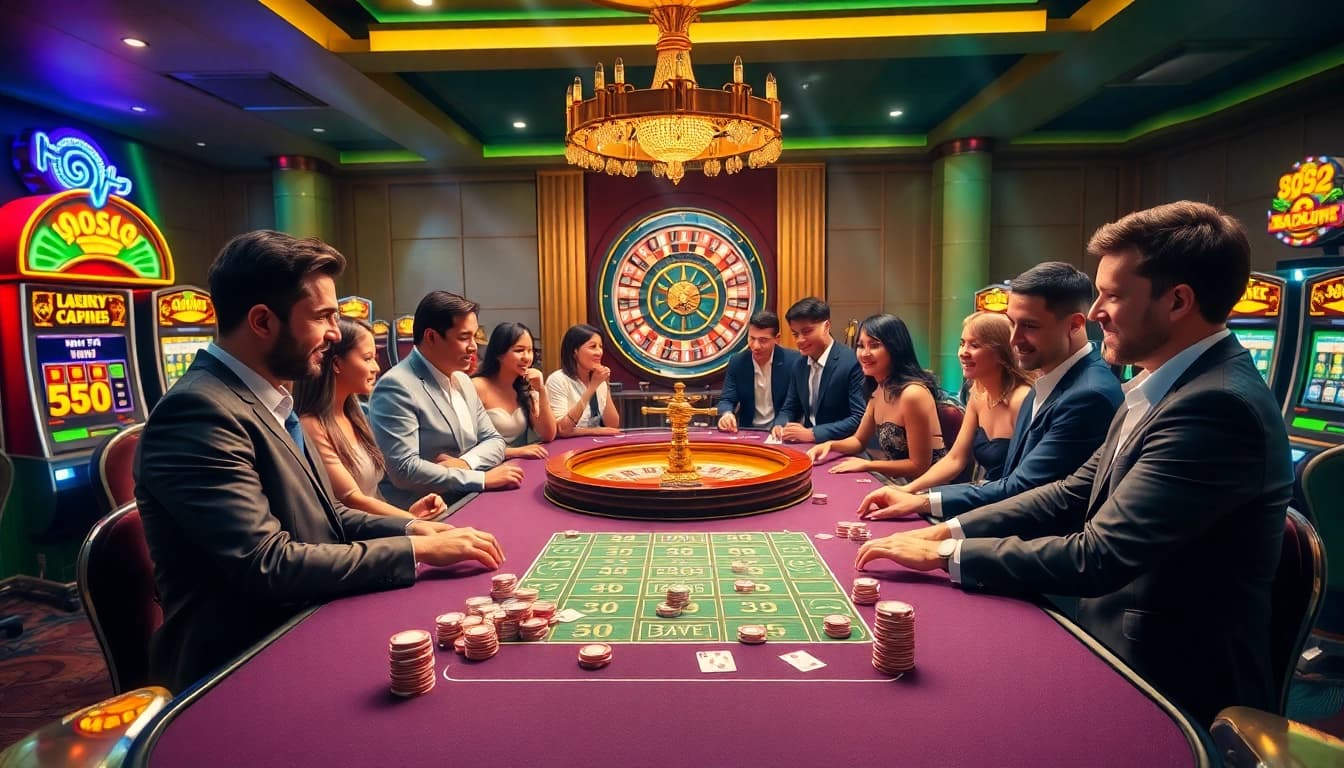 Experience the thrill of winning at BL555 with vibrant casino tables and slot machines.
