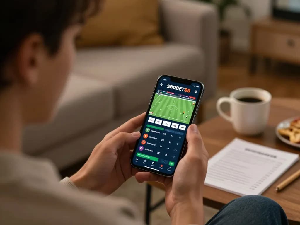 Berinteraksi dengan taruhan olahraga SBOBET88 di smartphone, pembaruan langsung ditampilkan di lingkungan rumah yang nyaman