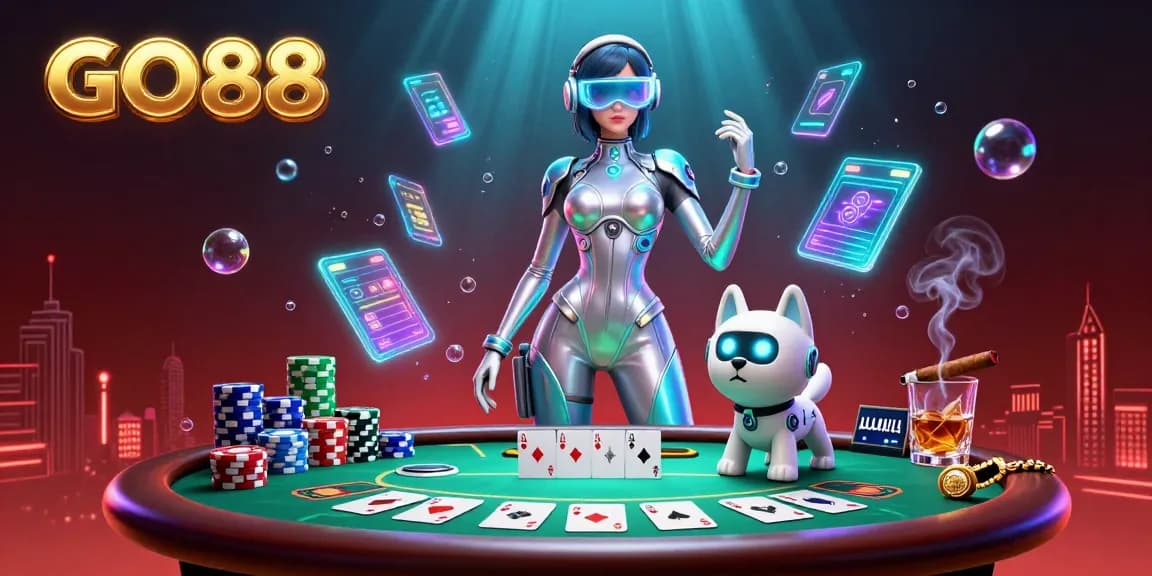 Engage in a vibrant GO88 casino scene filled with poker elements and futuristic characters.