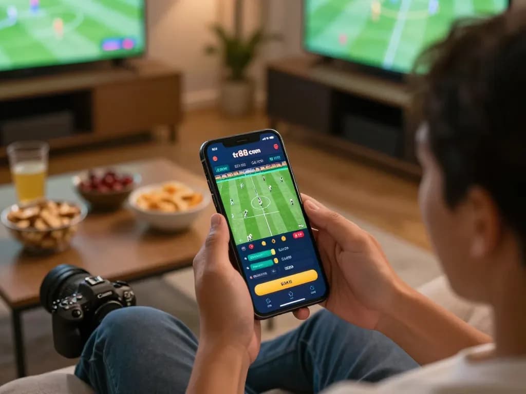 Engaged user betting on sports via smartphone on tr88 com with vibrant visuals in a cozy setting.