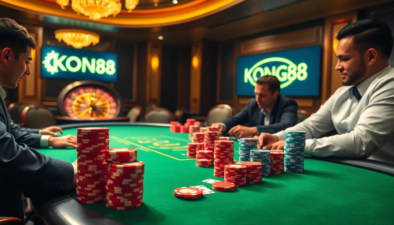 KONG88 poker players strategizing at a luxurious casino table, capturing the thrill of high-stakes gambling.