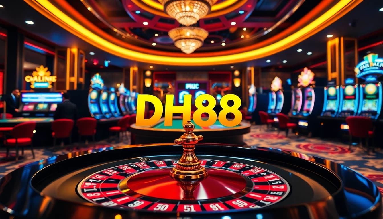 Experience the thrill of DH88 with a vibrant casino scene featuring roulette tables and slot machines.
