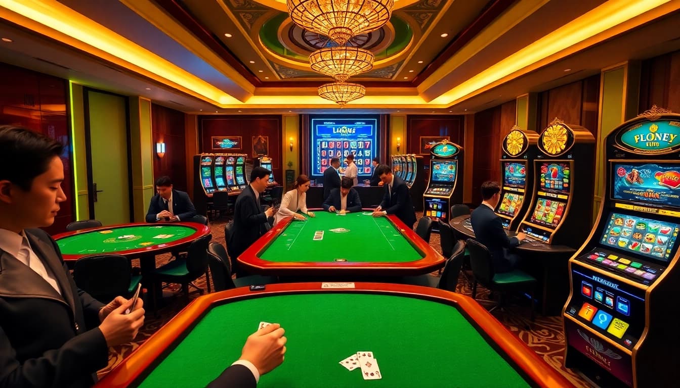Lô Đề Trực Tuyến engages players at luxurious casino tables with cards and chips.