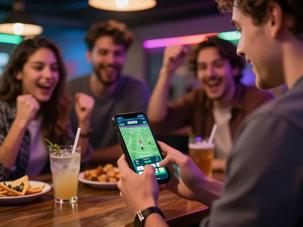 Person enjoying bandar togel online while cheering with friends at a bar