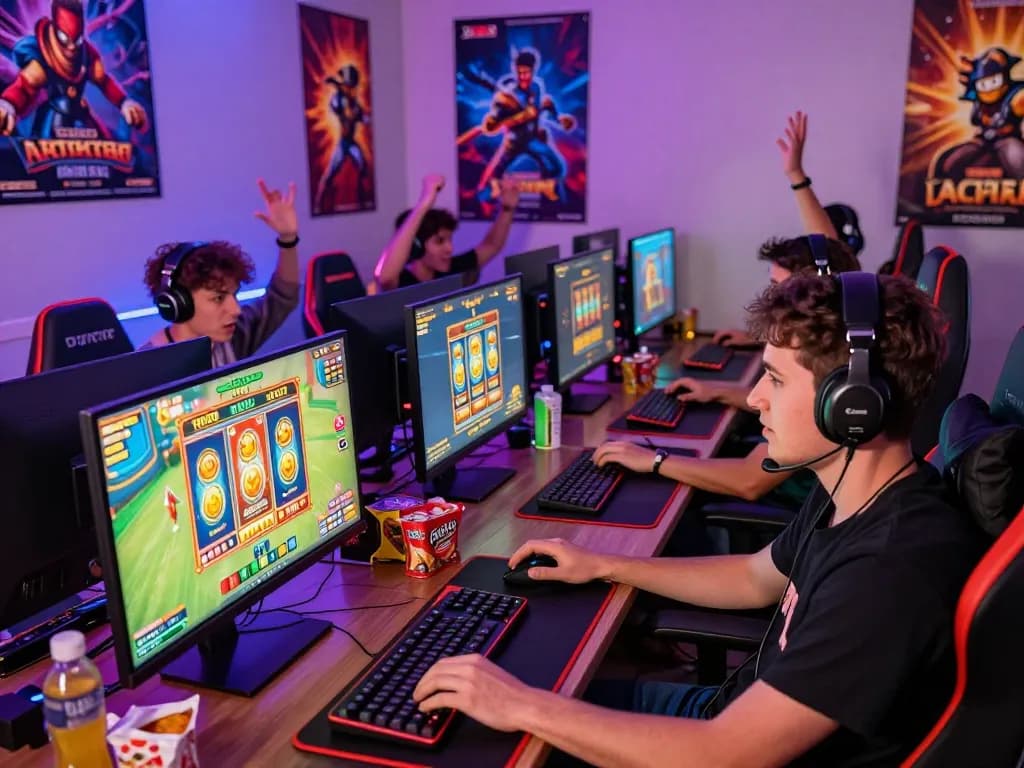 Engaged players celebrating wins at KDTOTO's exciting online Toto Slot gaming session with colorful setups.