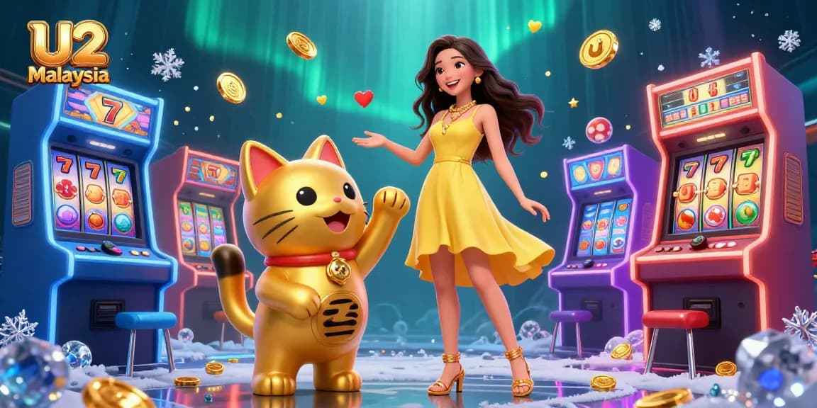 A vibrant U2 Malaysia casino scene featuring a woman with a lucky cat and dynamic gambling elements.