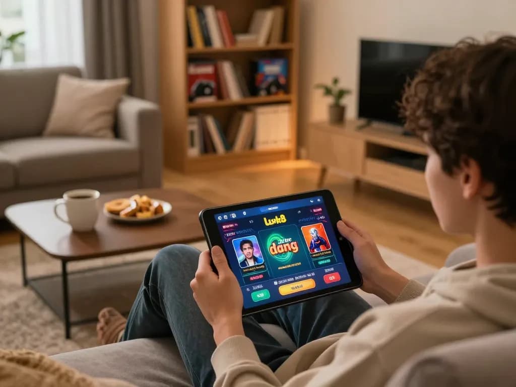 Engaging moment of luck8 đăng nhập on a tablet during an online gaming session at home.