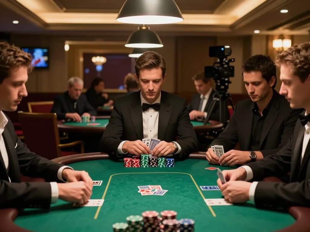 bk8 players engaged in an upscale poker game at a luxurious table in an elegant casino.