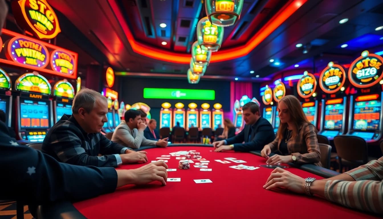 AT99 gaming scene highlighting intense poker players at a vibrant casino table with neon lights.