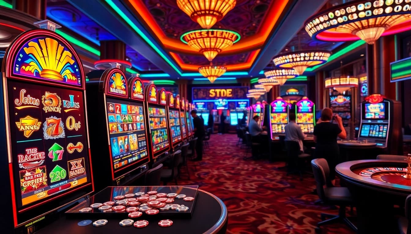 Spin and win at Slot Online with vibrant machines and cheering players in a luxury casino.