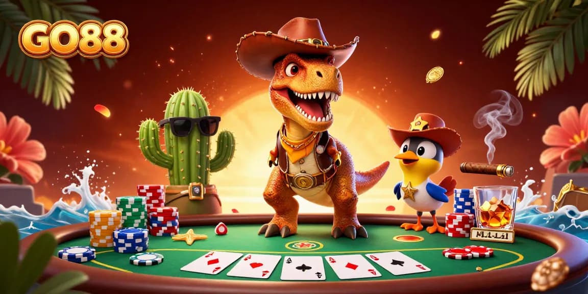 Engage with GO88 through a dynamic casino-themed scene featuring a whimsical T-Rex and exciting poker elements.