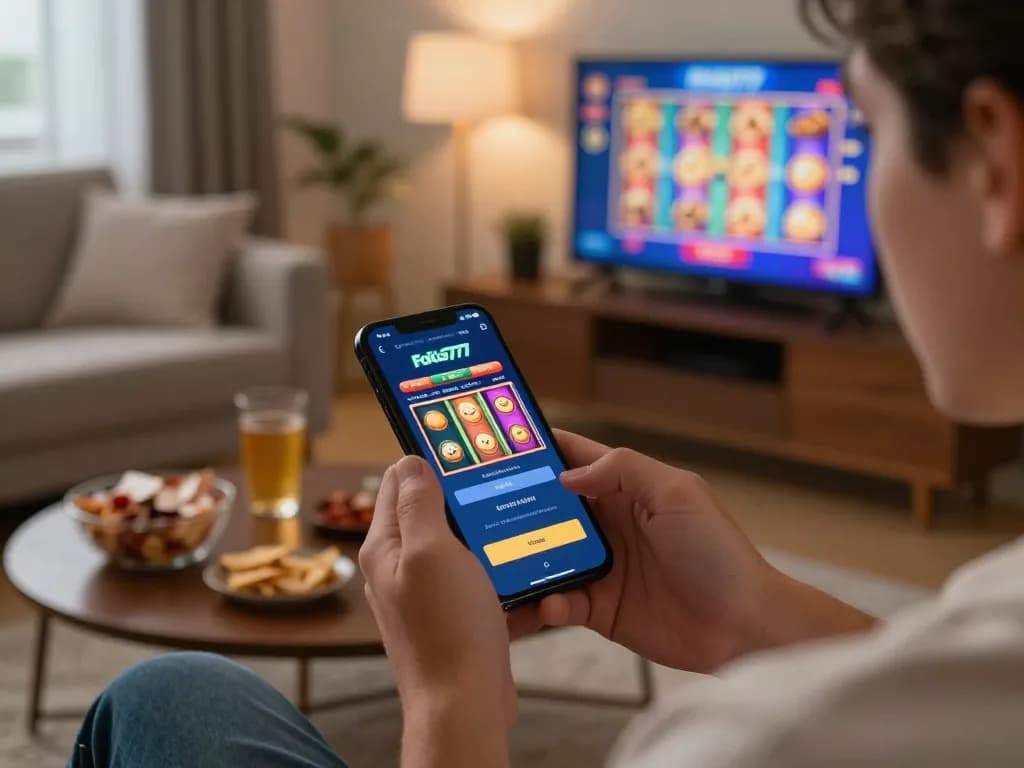 Effortlessly accessing Fokus777 login on a smartphone while enjoying a cozy evening at home, emphasizing responsible online gaming.