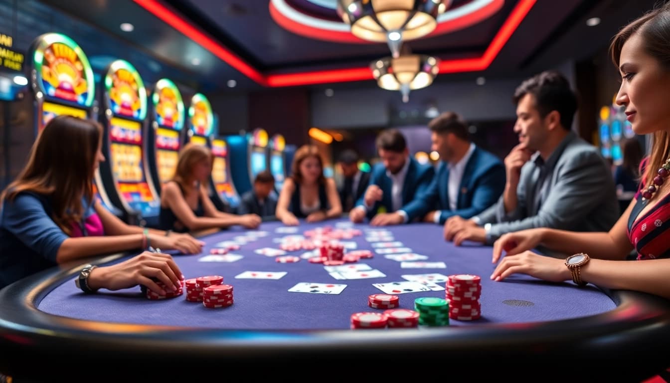 Exciting gaming experience at Rikvip with players engaged in casino table games and vibrant slot machines.