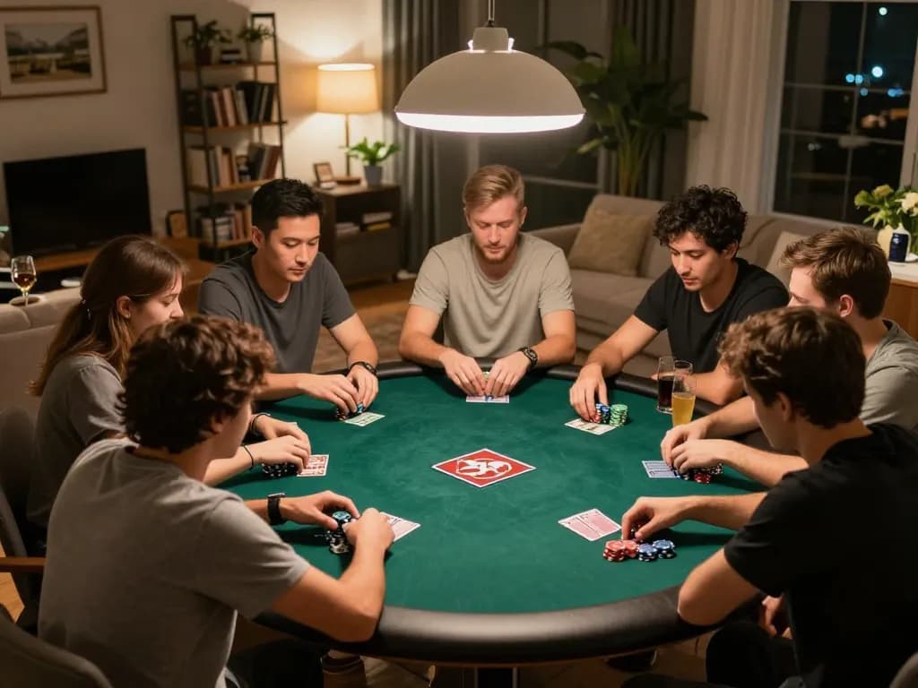 Players enjoying poker night at home, showcasing tg88 gaming moments with chips and cards.