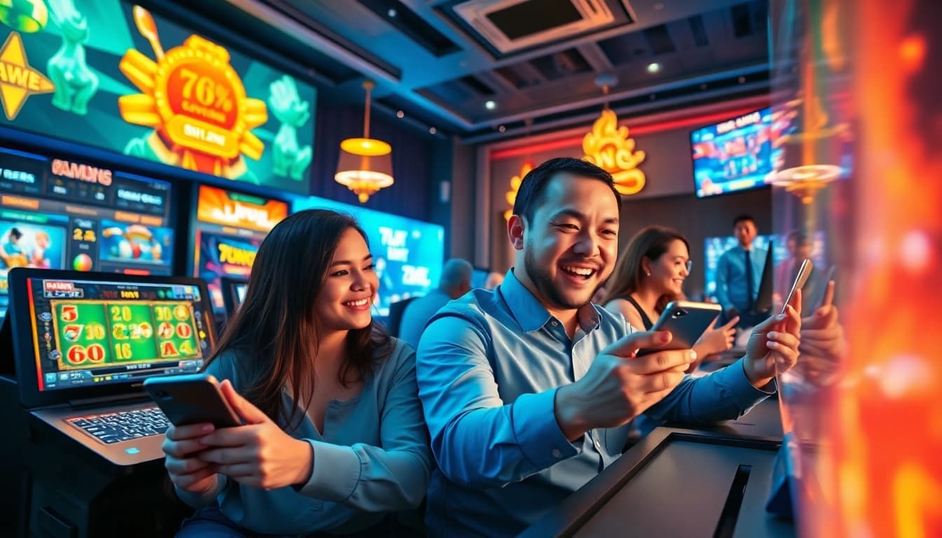 Dynamic online gaming scene featuring players at https://789winn.clothing/ engaging with mobile and desktop casino games.