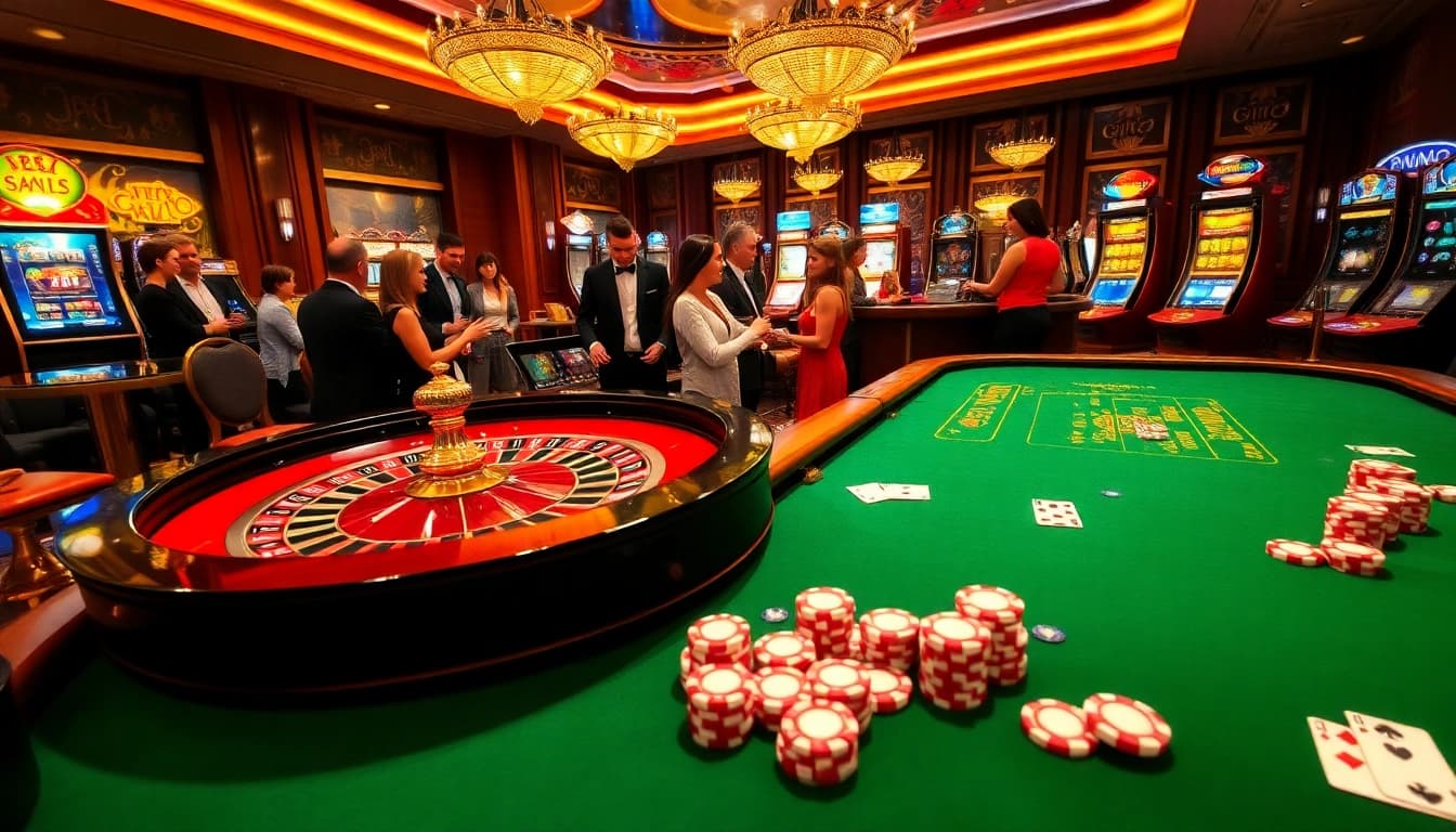 Players strategizing wins at thabet com's vibrant casino tables with roulette and slot machines