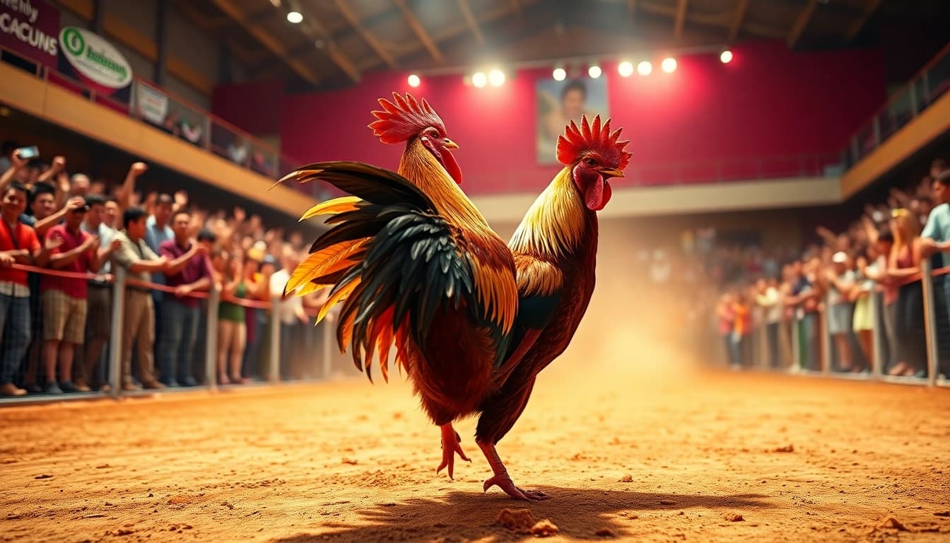 Live action of dagatructiep 1 featuring an exciting cockfight with vibrant rooster colors.