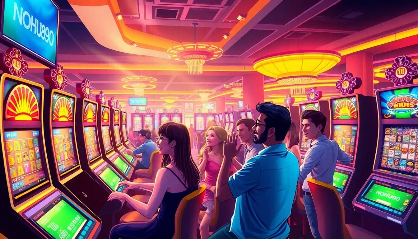Exciting scene of NOHU90 online casino with players winning big at colorful slot machines.