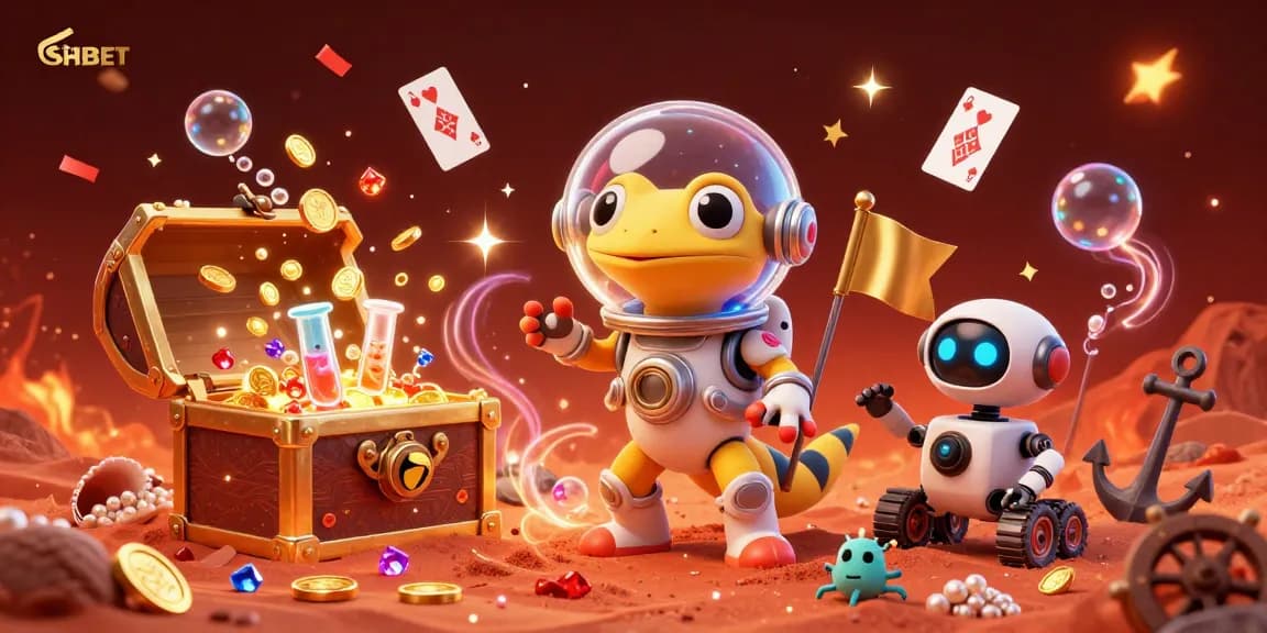Vibrant scene showcasing SHBET with a Martian gecko discovering a golden casino amidst colorful gems and playing cards.