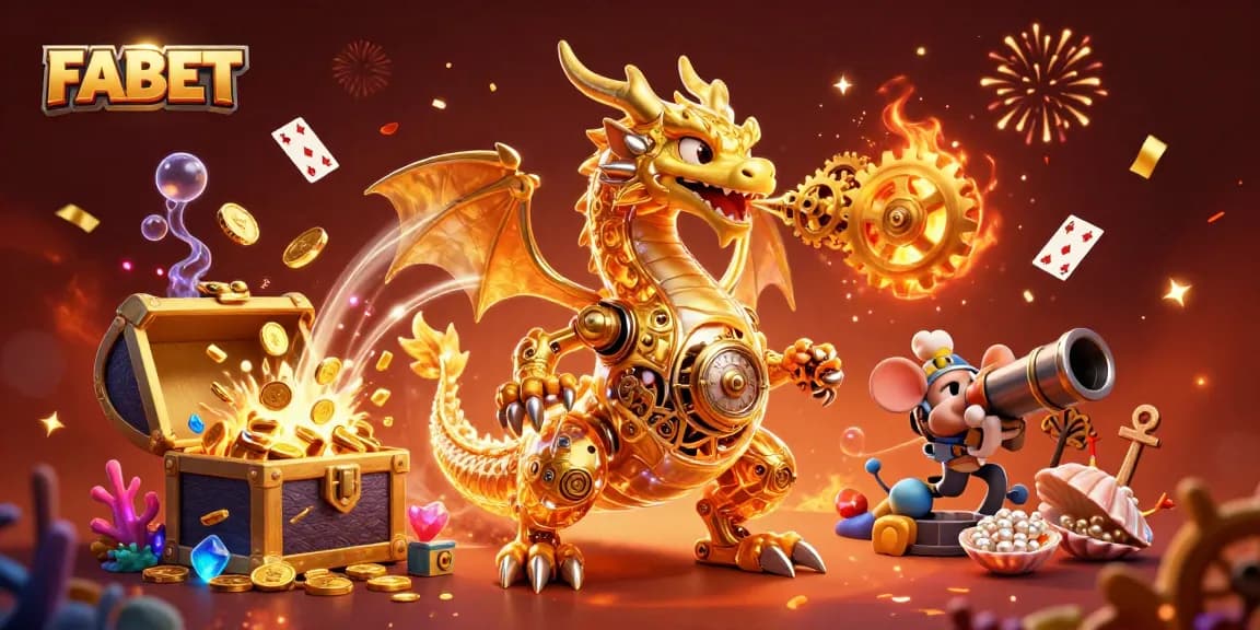 Experience an exciting scene with FABET's golden dragon amidst treasures, glowing cards, and confetti in a magical casino world.