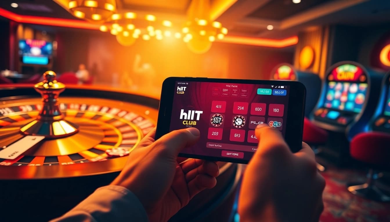 Engaging scene of gamblers playing at an online casino with the Hit Club app https://hitclub9.us.com/ interface visible, highlighting luxury.