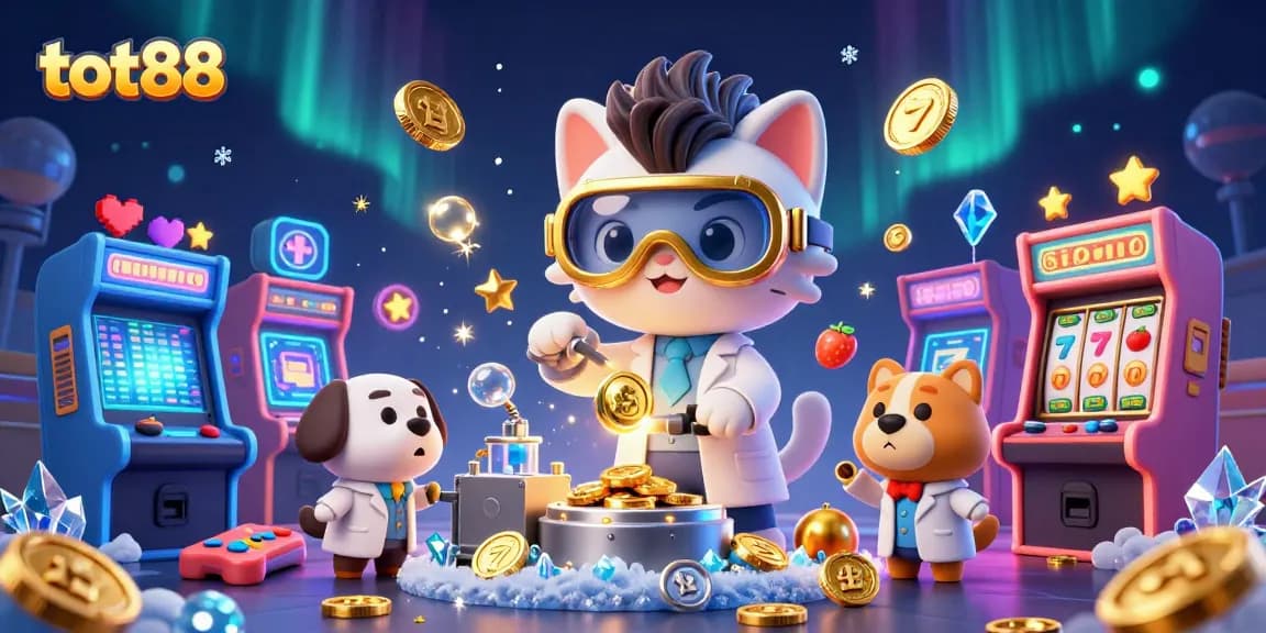 Experience the thrilling world of tot88 slots with a mad scientist cat and a dog lab assistant in a colorful 3D casino.