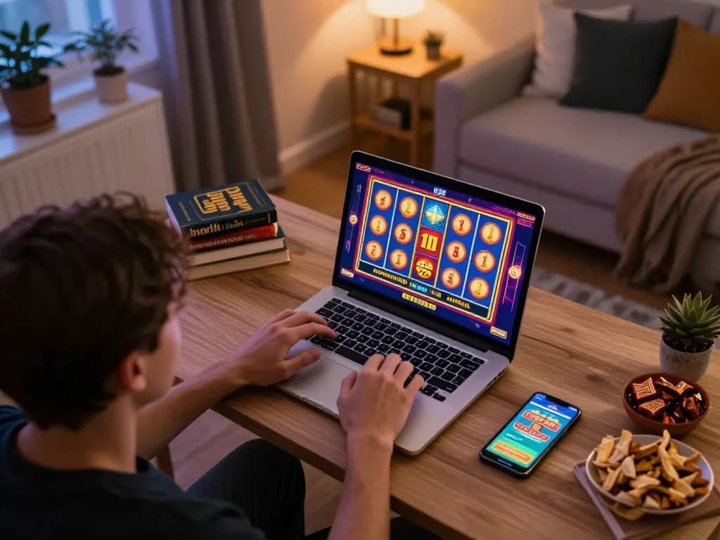 Playing slots online at https://shbet.free/ in a cozy bedroom setting with colorful game graphics