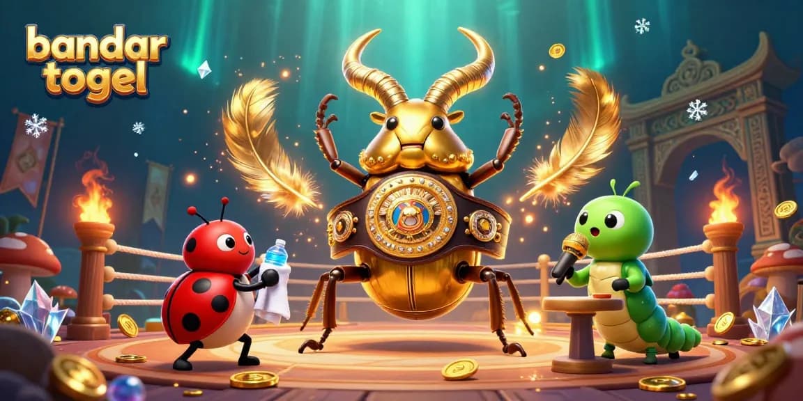 Engage with the vibrant bandar togel scene featuring a golden stag beetle and colorful characters.